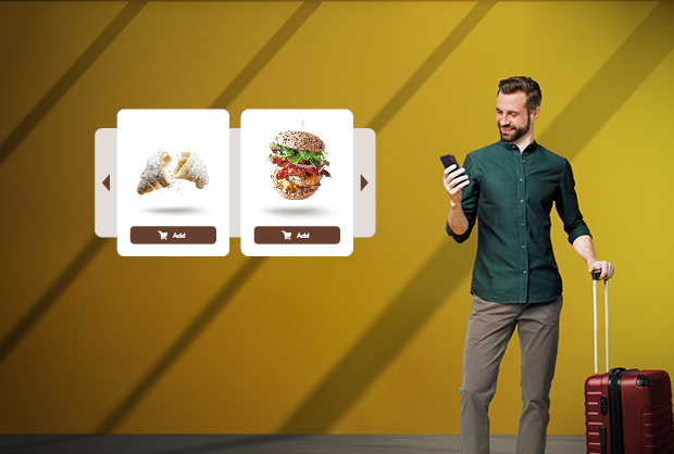 Take Away & Fly service at Airports of Rome. Book and pay for your meal via smartphone, pick it up quickly at the point of sale skipping the line. Varied menu with pizza, hamburgers, salads, brioches and healthy options for all tastes. Save precious time before your flight. Select the image to order.